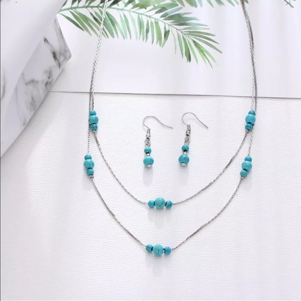 Layered silver marble turquoise necklace & earring
